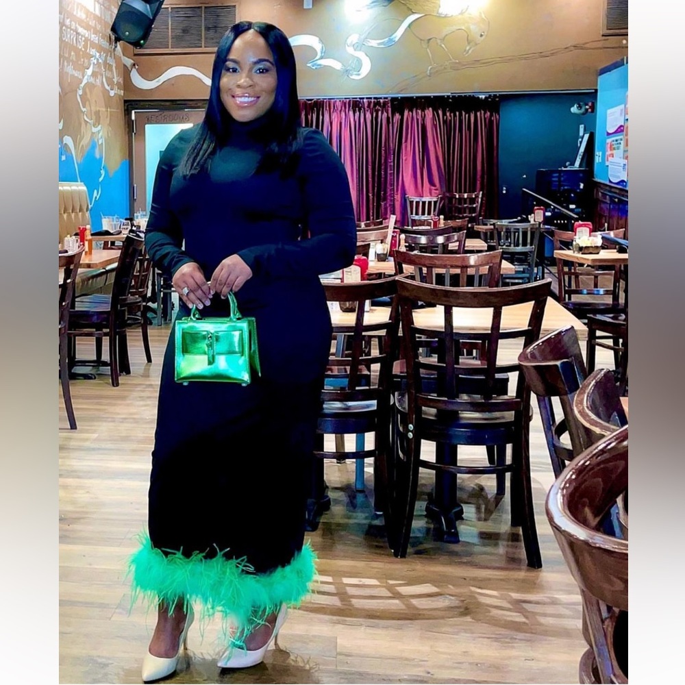 Fashionova black long sleeve dress with feather green detail